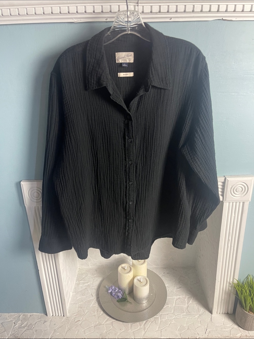 Universal Thread Black Textured Cotton Gauze Relaxed-Fit Button Shirt